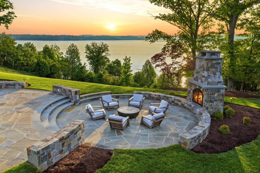 Firepit at sunset, river beyond