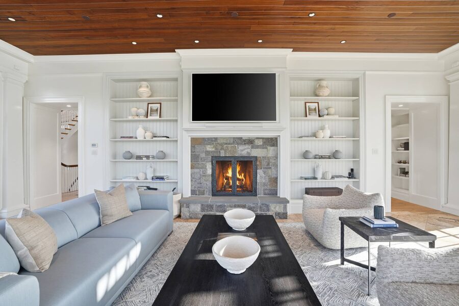 Marble-fireplace living with built-ins
