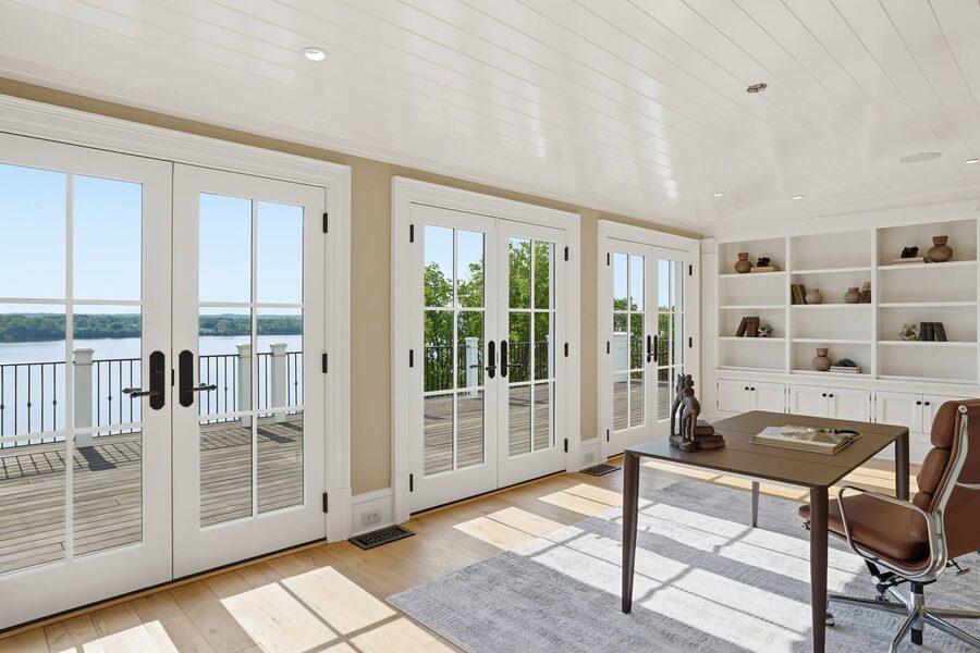 Shiplap office with French doors to the porch