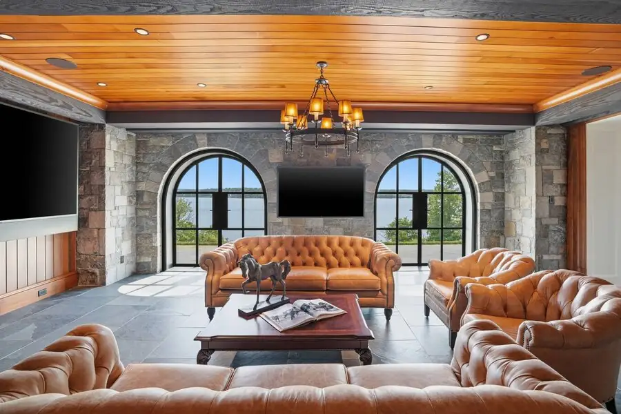 Stone-arched chesterfield salon